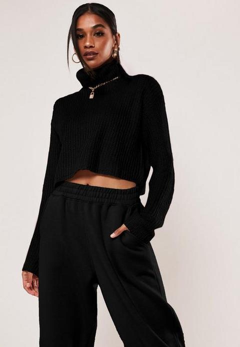 Tall Black Roll Neck Cropped Knitted Jumper, Black