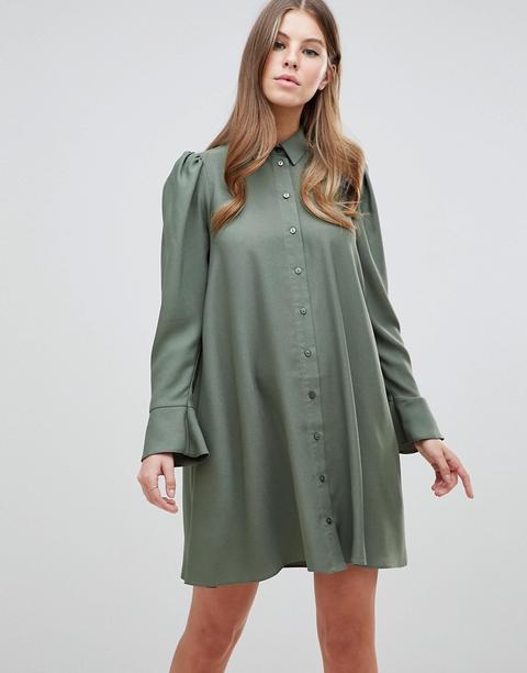 Asos Design - Vestitino Camicia A Maniche Lunghe - Verde