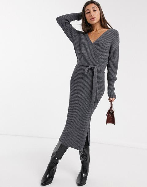 Asos Design Knitted Wrap Midi Dress With Belt Detail-grey