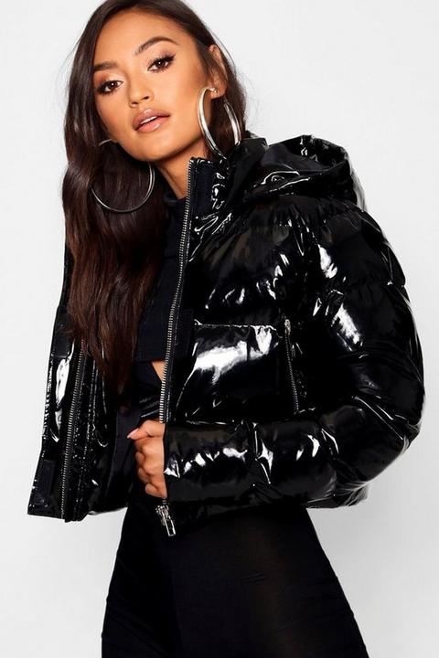 Womens Petite Hooded Crop High Shine Coat - Black - 10, Black