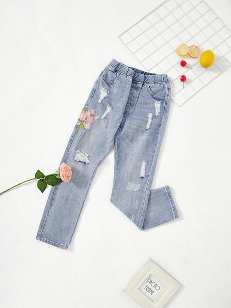 Jeans Strappati Ricamati Dei Fiori Delle Ragazze