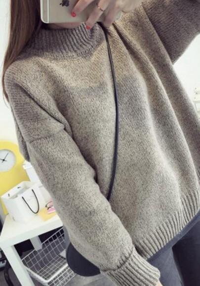 Khaki Plain Band Collar Long Sleeve Casual Pullover Sweater