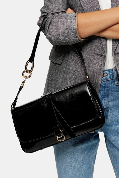 Womens Satin Black Patent Shoulder Bag - Black, Black
