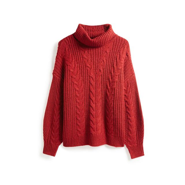 red cable knit jumper