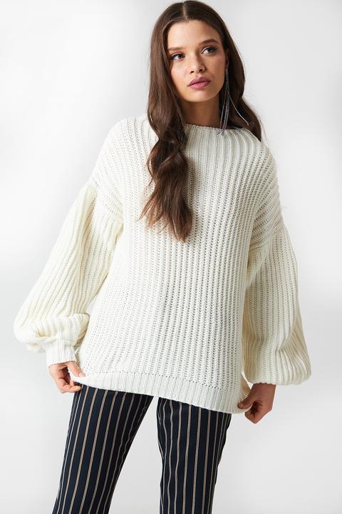 Na-kd Balloon Sleeve Knitted Sweater - White