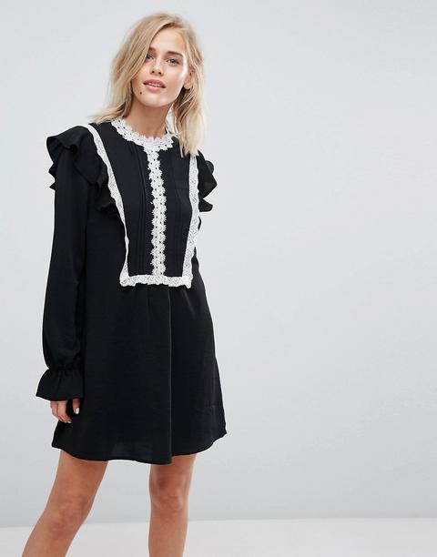 Liquorish - Vestito A Trapezio Con Volant E Pizzo A Contrasto - Nero