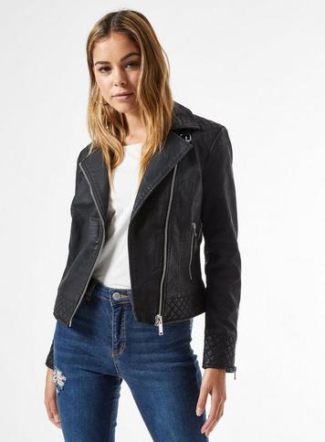 Womens Black Pu Quilted Biker Jacket, Black