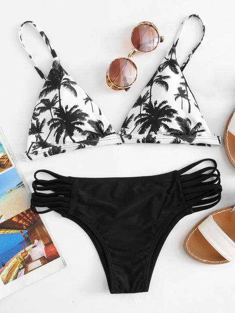 Palm Tree Print Top With Ladder Cut-out Bikini