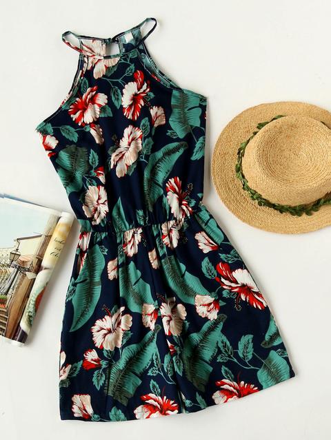 Floral Print Random Self Tie Split Back Romper