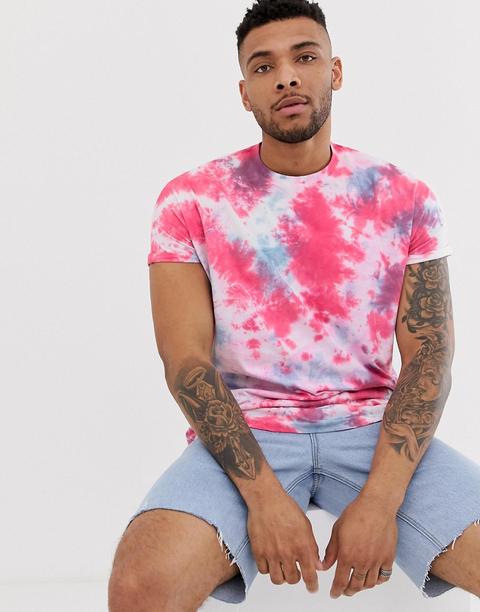 Asos Design - T-shirt Long Oversize À Manches Retroussées Avec Imprimé Pois Et Effet Tie-dye - Rose