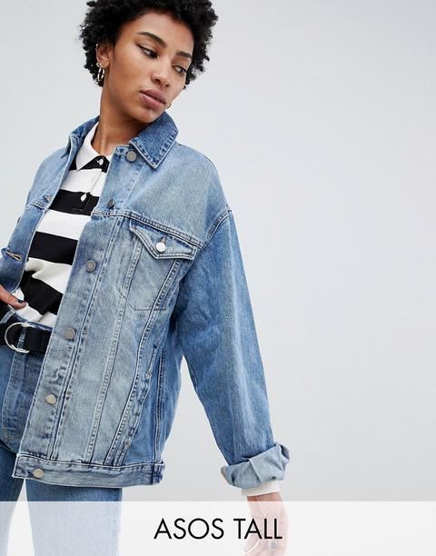 Asos Design Tall - Giacca Girlfriend Di Jeans Blu Medio Slavato - Blu