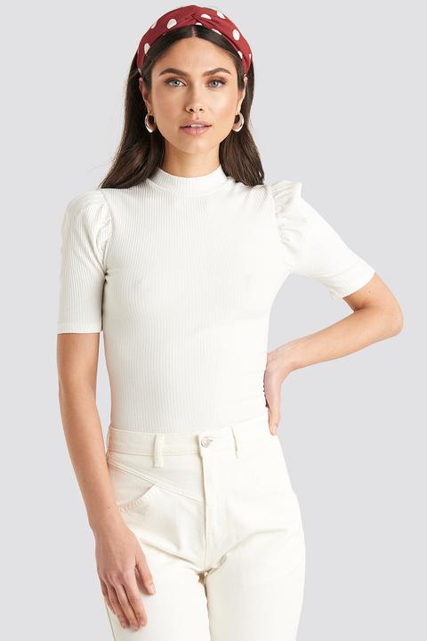 Short Puff Sleeve High Neck Ribbed Top Weiß