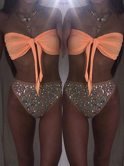 Costume Da Bagno A Fascia 2-in-1 Di Strass Vita Alta Sexy Arancione