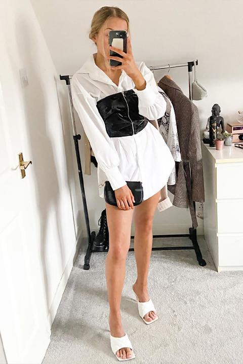 white cinched waist shirt dress
