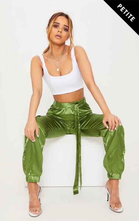 Petite Olive Satin Cargo Trousers, Green