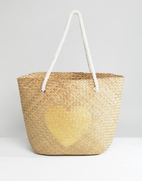 South Beach - Borsa Da Spiaggia In Paglia Naturale Con Cuore Color Oro - Multicolore