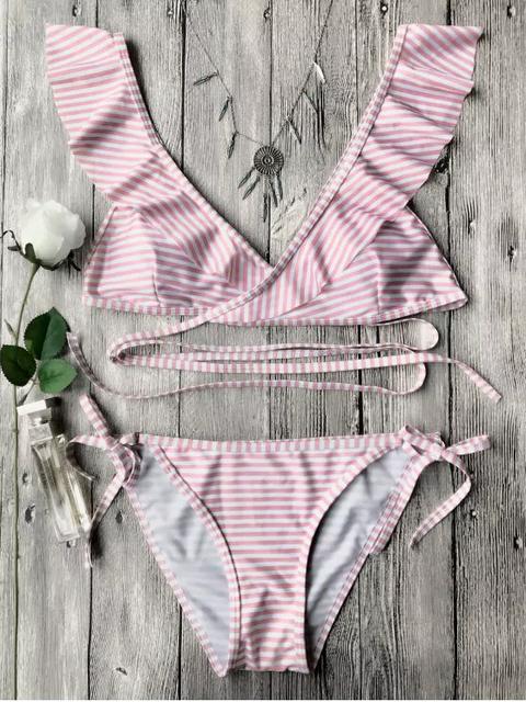 Traje De Bikini Envuelto Con Cordones A Rayas De Volantes Pink