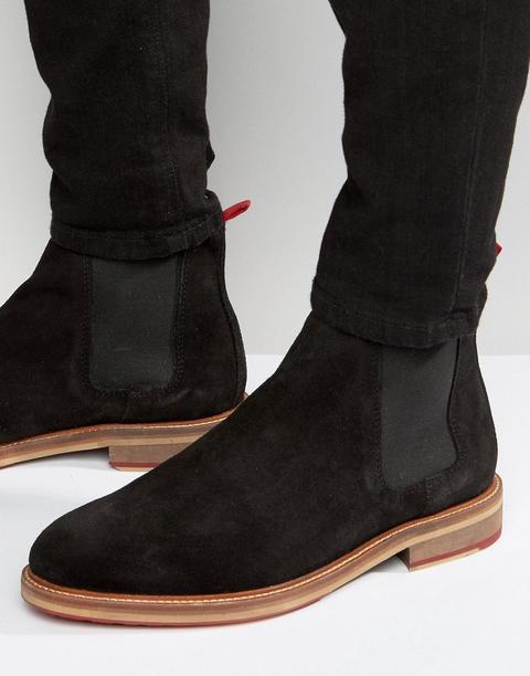 Asos Design - Stivaletti Chelsea Nero Scamosciato Con Linguetta Posteriore Rossa - Nero
