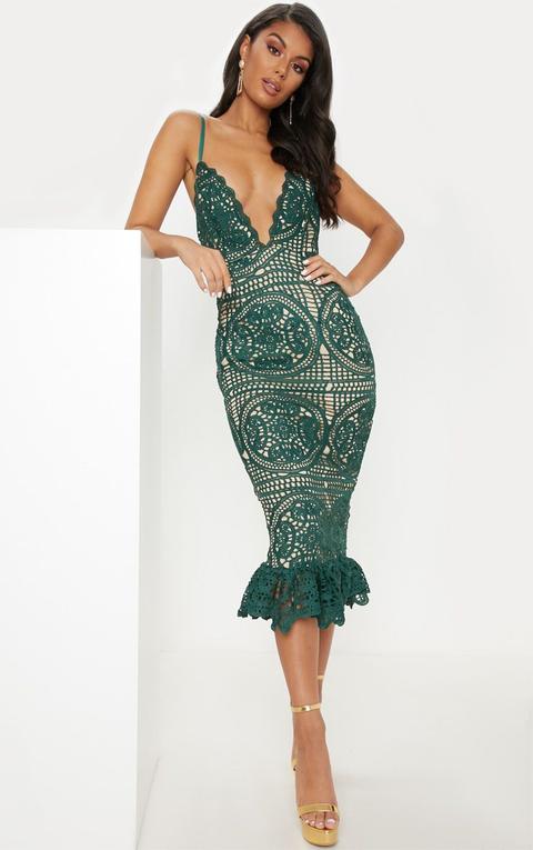 Emerald Green Strappy Thick Lace Frill Hem Midi Dress