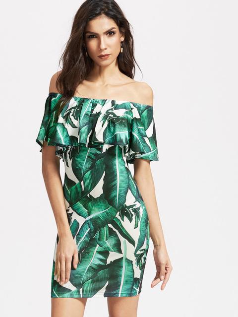 Vestito Bodycon Con Spalle Scoperte, Con Stampa Tropicale , Verde