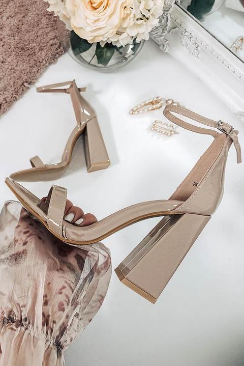 Nude Patent Block Heel Sandals