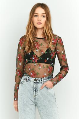 Pins & Needles Sheer Embroidery Crop Top - Womens S