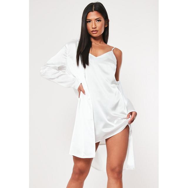 white satin shirt dress
