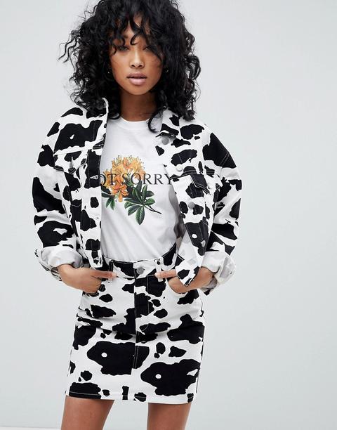 Asos Design Denim Jacket In Cow Print - Black/ White