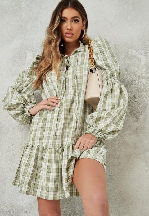 Green Check Tie Front Drop Hem Smock Dress, Green