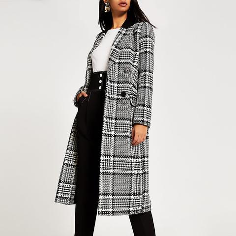 Black Check Double Breasted Longline Coat