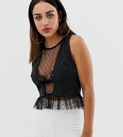 Prettylittlething - Top Corto Nero Con Pannello In Tessuto Velato A Pois - Nero