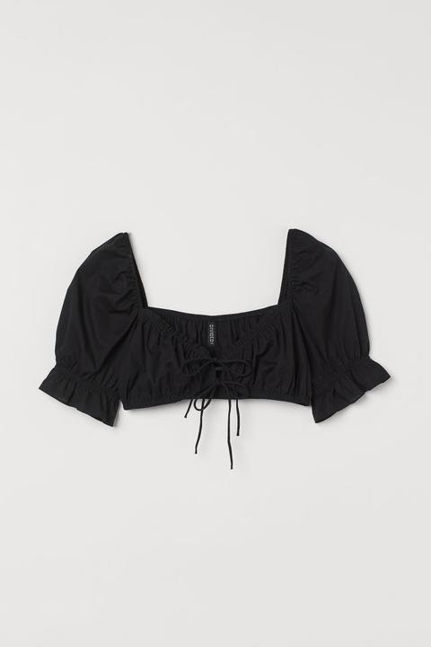 Puff-sleeved Cropped Top - Black