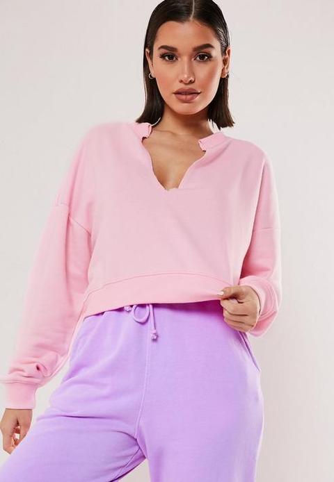 Pink Oversized Notch Neck Sweatshirt, Pink