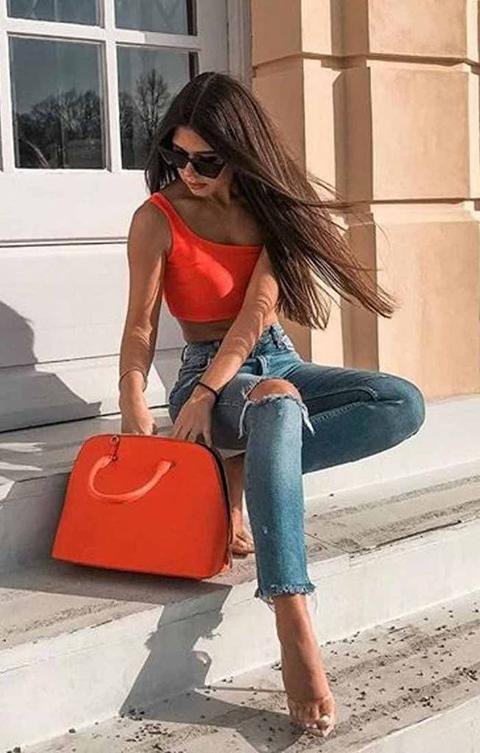 Orange One Shoulder Crop Top - Keeley