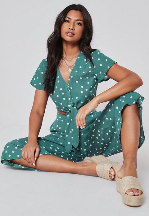 Green Co Ord Polka Dot Button Crop Top, Green