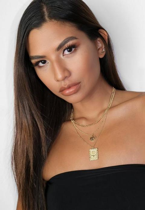 Gold Look Layered Tag Necklace, Gold