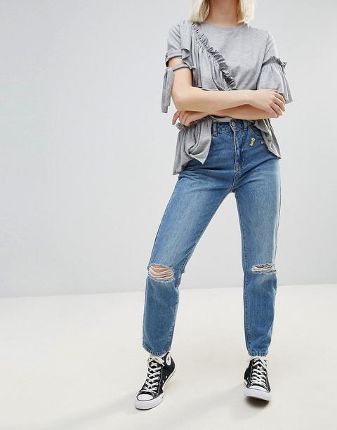 Noisy May - Donna - Mom Jeans Vita Alta Con Strappi Alle Ginocchia E Toppe - Blu