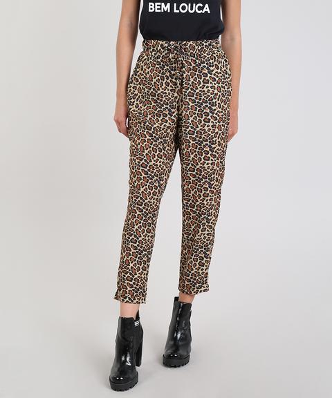 Calça Feminina Jogger Com Cordão Animal Print Bege