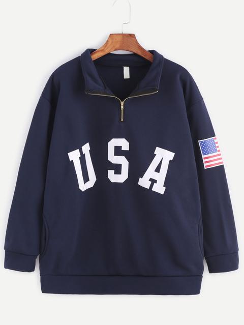 Sudadera Con Estampado De Usa Y Detalle De Cremallera Con Bolsillo - Marino