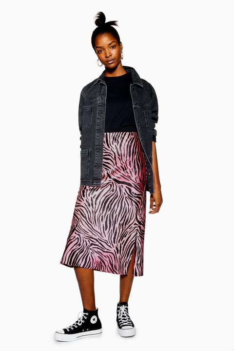 Womens Ombre Tiger Print Satin Bias Skirt - Pink, Pink