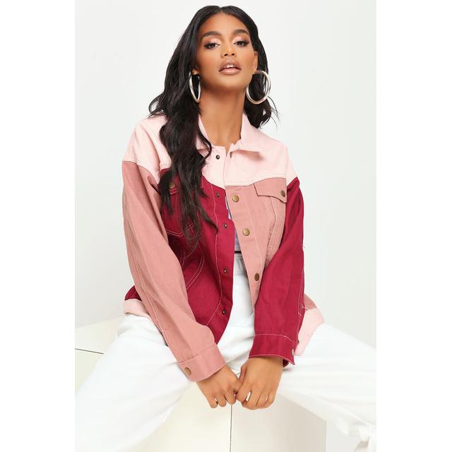 pink block denim jacket