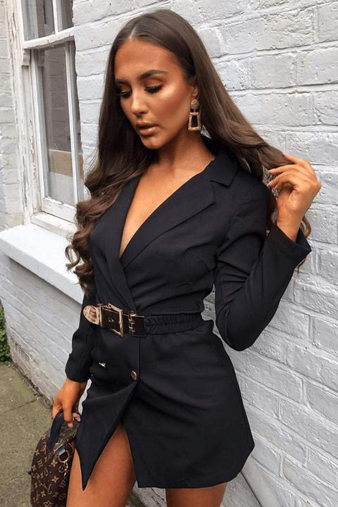 Black Blazer Dress With Gold Belt - 6 Black