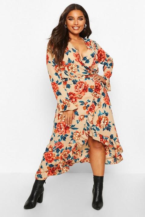boohoo ruffle wrap midi dress in floral