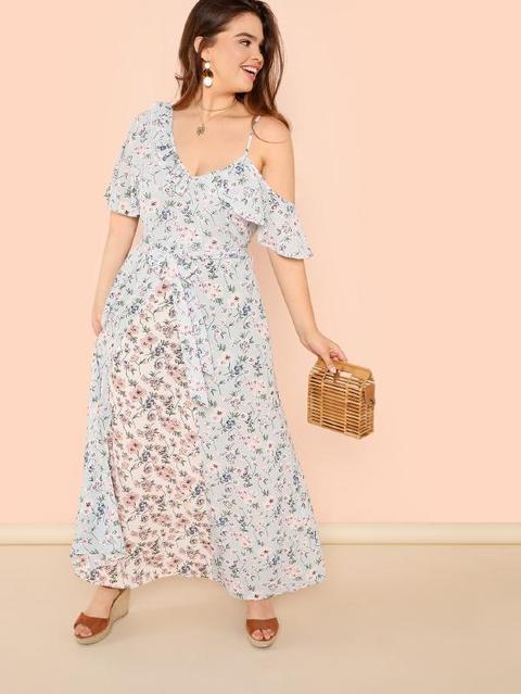 Maxi Abito Floreale Con Cintura Con Ruches Trim