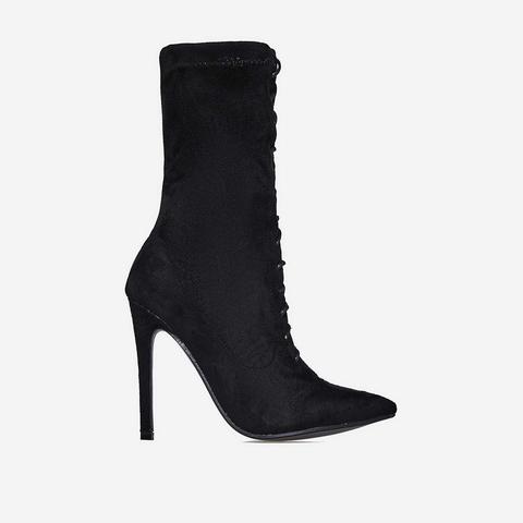 Helga Lace Up Ankle Boot In Black Faux Suede, Black