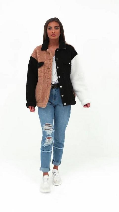 black colour block borg trucker jacket