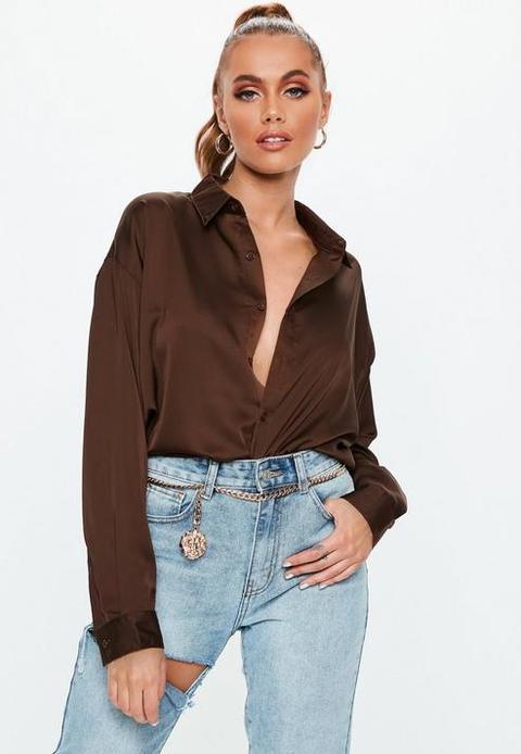 Brown Extreme Oversized Satin Shirt, Brown