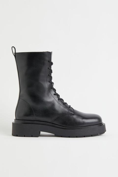 Botas Gruesas De Piel - Negro