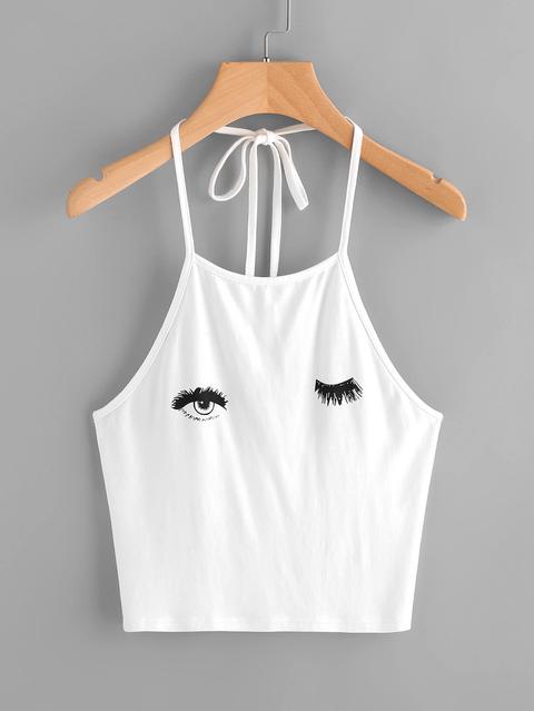 Wink Eyes Print Self Tie Halter Top
