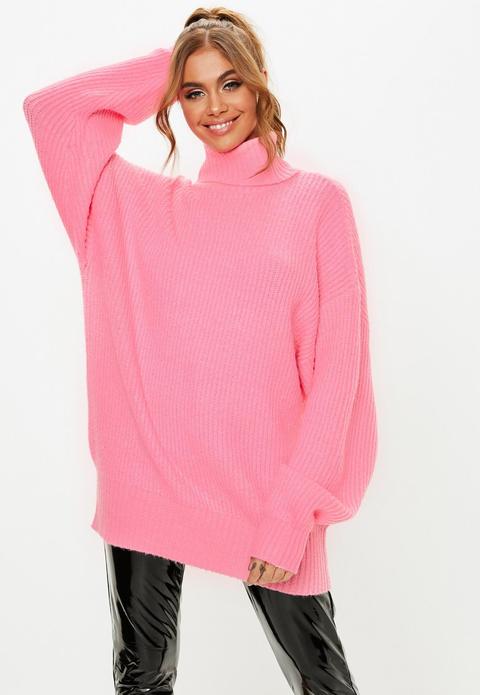 Pink Premium Roll Neck Boyfriend Jumper, Pink